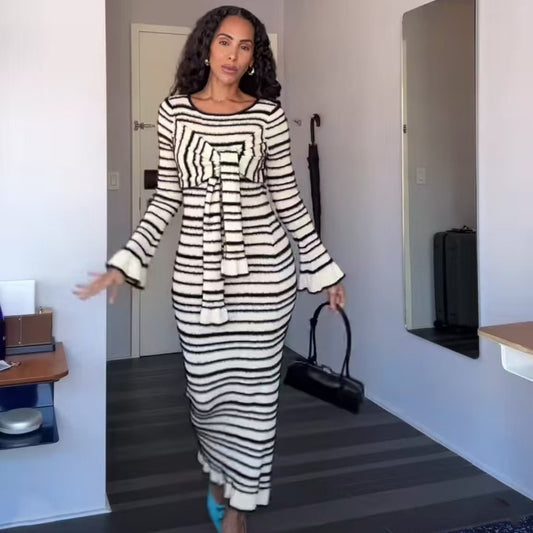 Striped Round Neck Fashion Contrast Color Bell Sleeve Dress Global Grab Store