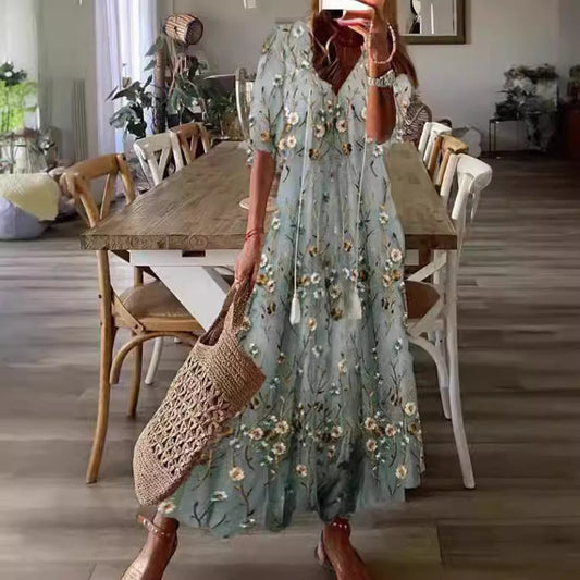 Temperament Commute Women's V-neck Short Sleeve Hang Rope Dress Global Grab Store